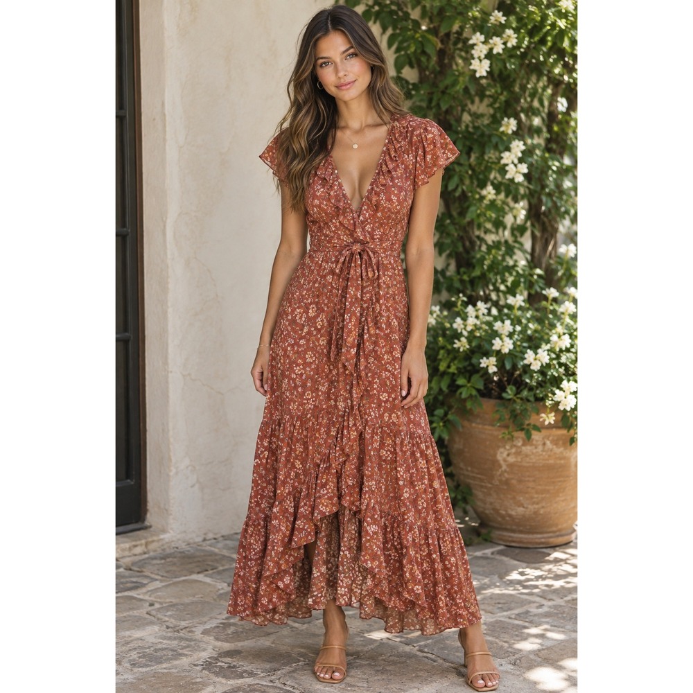 Kivari Rust Capri Tie Midi Maxi Dress Floral Ruffle Small Boho Cottagecore